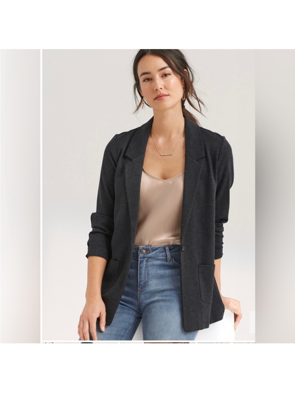 Garnet Hill Relaxed Knit Blazer Jacket Dark Grey Stretch Everyday Wool Classic